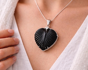 Hand Carved Black Stone Pendant • Sterling Silver Rhodium Finish