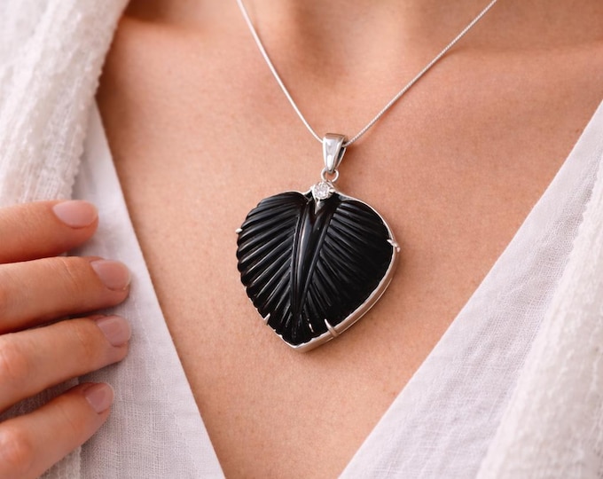 Hand Carved Black Stone Pendant • Sterling Silver Rhodium Finish