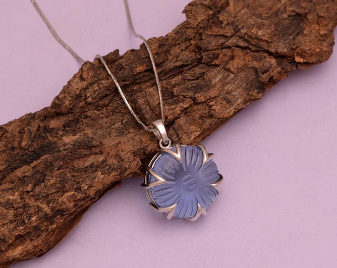 Hand-Carved Blue Glass Floral Pendant | Sterling Silver Artisan Necklace
