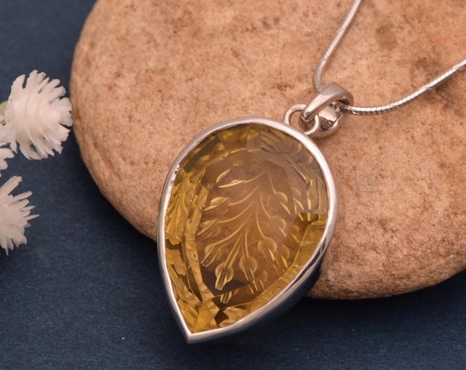 Hand-Carved Yellow Glass Pendant, Sterling Silver Teardrop Floral Jewelry