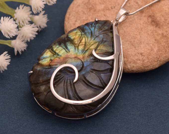 Hand-Carved Labradorite Pendant | Floral Medallion, Sterling Silver