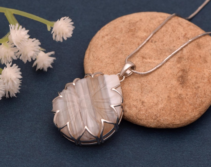 Hand-Carved Grey Agate Floral Pendant, 925 Sterling Silver Necklace