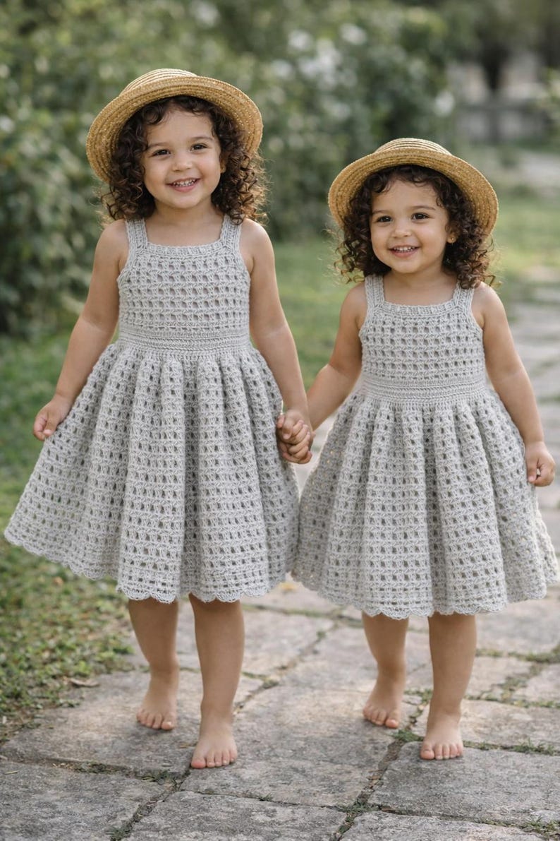 May include: Two young children wearing matching gray crochet dresses and straw hats. The dresses have a square neckline and a full skirt. They are holding hands and smiling, walking on a stone path.