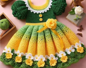Green Yellow Floral Crochet Baby Frock | Handmade Party Dress Outfit