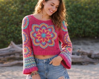 Handmade Crochet Mandala Sweater | Boho Granny Square Bell Sleeve Crop Top