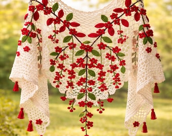 Chal floral de ganchillo hecho a mano / Chal de encaje color marfil con flores rojas, cubierta de hombro estilo boho con borlas