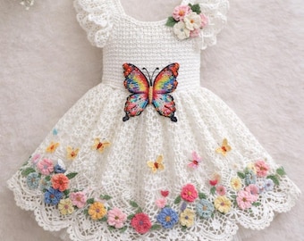 Handmade Crochet Baby Dress | Butterfly Applique, Floral Lace Hem, Party Outfit