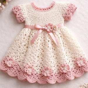 Handmade Crochet Baby Dress | Pink Cream Floral Frock, Cotton Yarn, Baby Girl Outfit