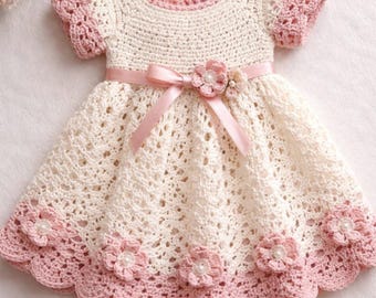 Handmade Crochet Baby Dress | Pink Cream Floral Frock, Cotton Yarn, Baby Girl Outfit