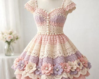 Handmade Crochet Girl Dress | Pastel Floral Pearls Party Frock