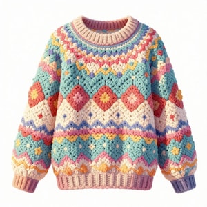 Puede incluir: Un suéter colorido, tejido a mano con ganchillo, con cuello redondo y mangas largas. El suéter presenta un patrón geométrico en tonos rosa, azul, amarillo y crema. Los puños y el cuello son de color rosa liso. Este suéter acogedor es perfecto para el clima fresco.