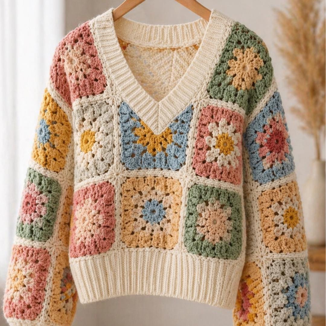 Crochet Granny Square Sweater Pattern | Boho Patchwork Pullover (PDF ...