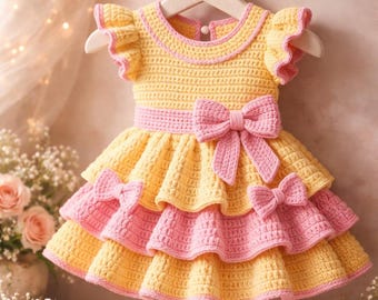 Handmade Crochet Baby Frock | Yellow Pink Layered Dress with Bows