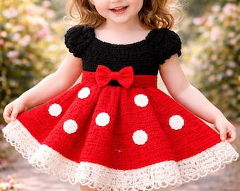 Handmade Crochet Baby Dress, Red Polka Dot Toddler Outfit with Headband