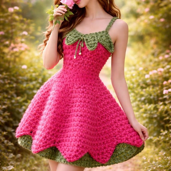 strawberry dress cottagecore Handmade Crochet Size:S - 4/6 Collection:Arrivée Midnight Doll: Juniors' Casual Each stitch reflects attention
