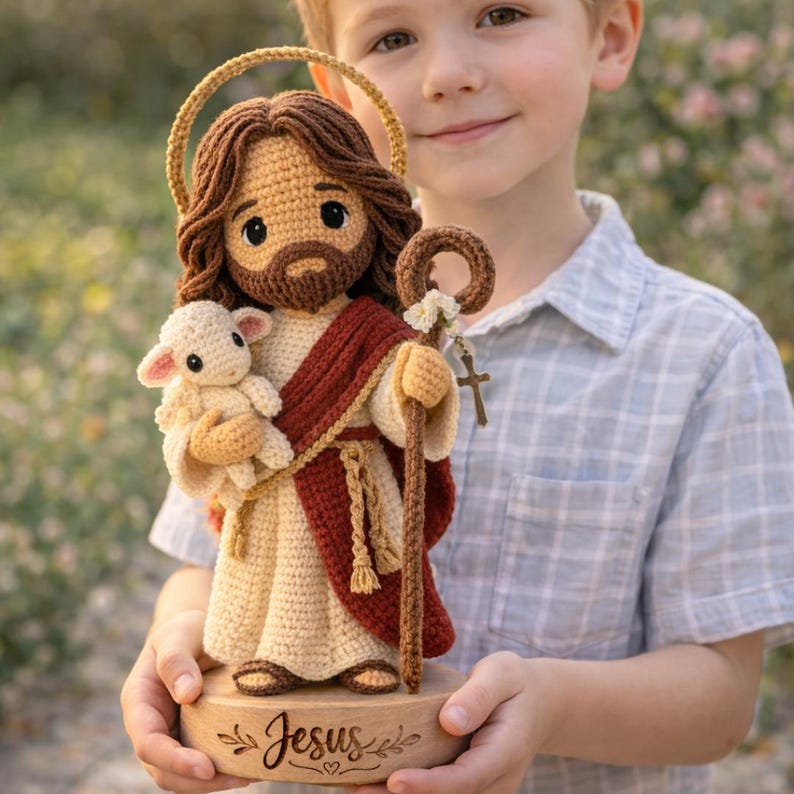 May include: A crocheted Jesus figurine with a halo, holding a lamb and a staff with a cross. The figure is dressed in cream, red, and brown. The wooden base is engraved with the word "Jesus".