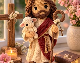 Crocheted Jesus Figure with Lamb | Handmade Christian Faith Decor