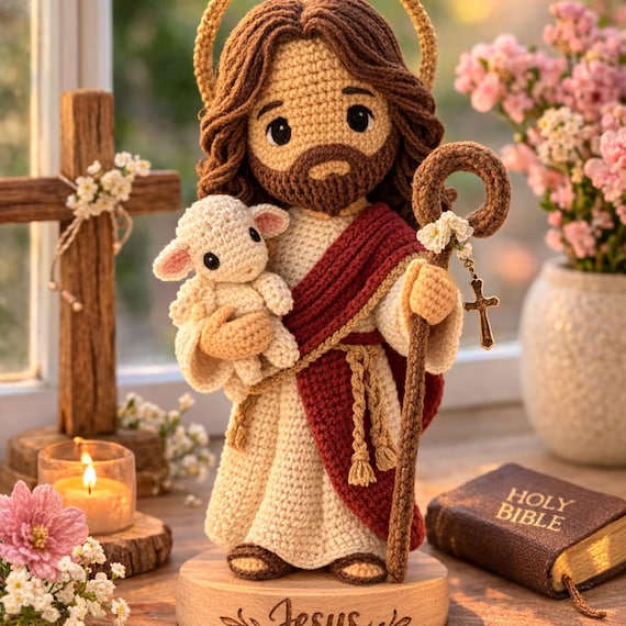 Crocheted Jesus Figure with Lamb | Handmade Christian Faith Decor