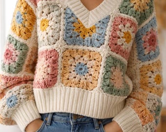Crochet Granny Square Sweater Pattern | Boho Patchwork Pullover (PDF Download)
