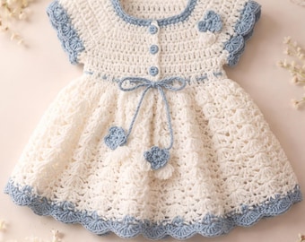 Handmade Crochet Baby Frock | White Blue Lace Toddler Dress