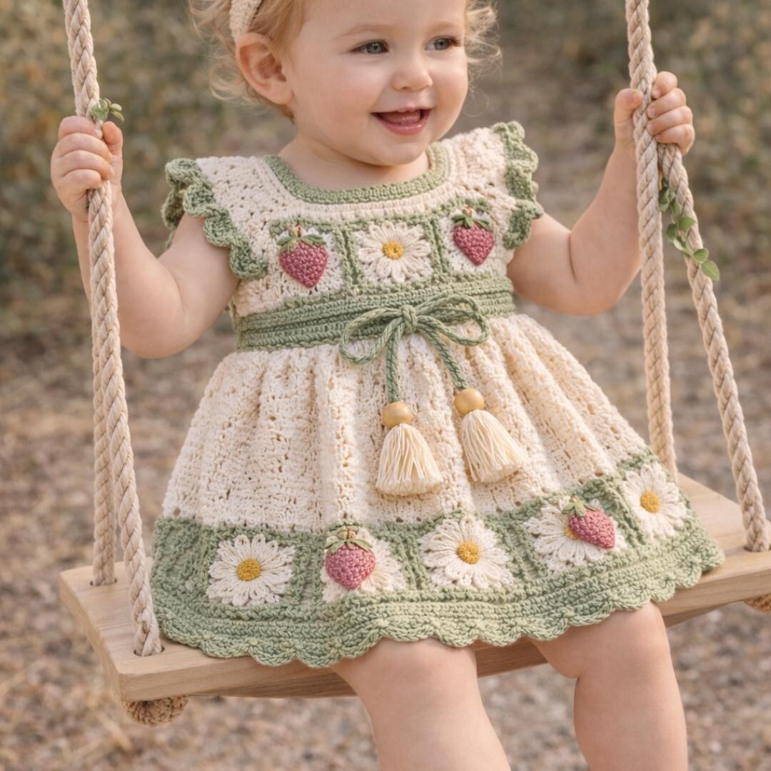 Hand-crocheted Baby Dress | Strawberry Daisy Vintage Toddler Frock Summer Outfit