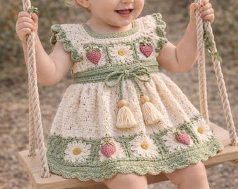 Hand-Crocheted Baby Dress | Strawberry Daisy Vintage Toddler Frock Summer Outfit