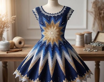 Handmade Crochet Starburst Dress | Blue Gold Elegant Knit Frock | Women's Boho Luxury Outfit