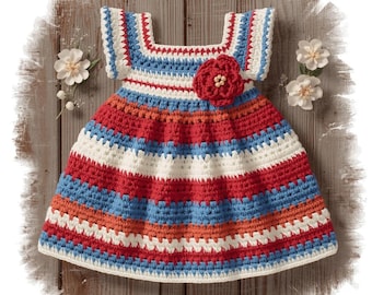 Vestido de bebé a rayas de crochet hecho a mano con detalle de flores (2 años)