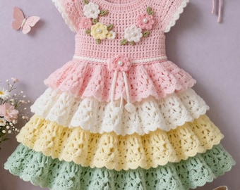 Crochet Baby Dress Pattern PDF for 2-3 Years Girl | Ruffle Lace Dress | Layered Skirt | Handmade Toddler Dress | Instant Download