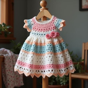 Può includere: Un vestito all'uncinetto fatto a mano in colori pastello, esposto su una gruccia di legno. L'abito presenta un corpetto rosa, strisce blu e pesca e un orlo smerlato. Tre rose rosa all'uncinetto adornano la vita. L'abito è per bambina.