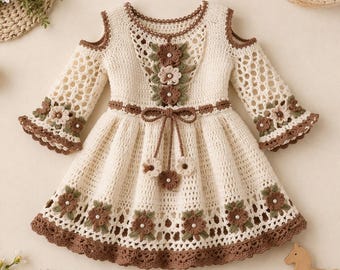 Vestido de bebé de ganchillo hecho a mano / Vestido de punto floral, conjunto de estilo vintage para niña pequeña