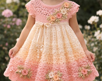 Hand-Crocheted Peach Baby Frock | Floral Applique Summer Dress, Toddler Girl Outfit