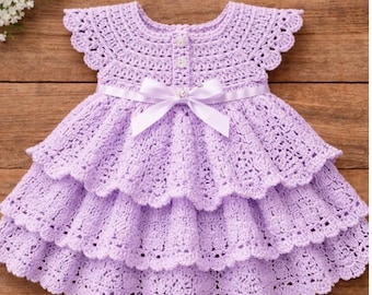 Handmade Lavender Crochet Baby Frock | Layered Ruffle Cotton Dress, Satin Bow Detail