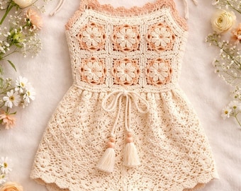 Crochet Baby Dress Pattern | Granny Square Flower Romper, Lace Skirt (PDF Download)