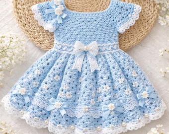 Elegant Sky Blue | Crochet Baby Girl | Frock with Flowers and Bows | Girl Party dress