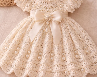 Cream Pearl Baby Girl Frock | Elegant Crochet Lace Dress, Satin Bow