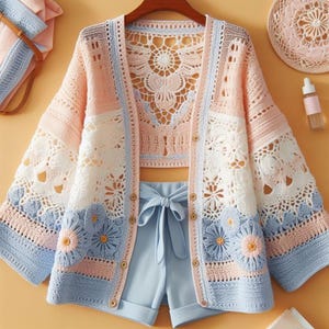 May include: A pastel-colored crochet cardigan with a matching crop top and shorts set. The cardigan features a floral design with pink, white, and blue panels. The shorts have a bow detail. The set is displayed on a light yellow surface.