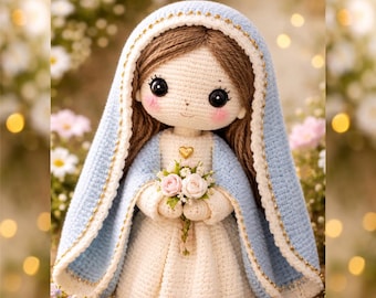 Handmade Crochet Virgin Mary Doll | Blessed Mother Amigurumi, Religious Catholic Decor