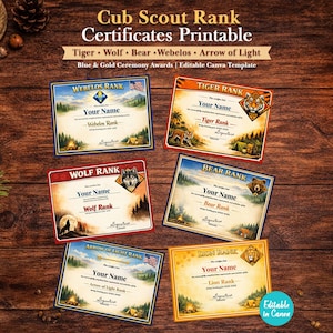 Op de afbeelding: Printbare Cub Scout-rangcertificaten met kleurrijke randen en illustraties van dieren en buitenscènes. De certificaten bevatten ruimte voor een naam en handtekening, met de tekst "Cub Scout Rank Certificates Printable" bovenaan.