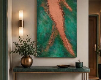 Squarcio Ramato Hand-painted material abstract canvas 80 x 40 cm, petrol green copper light