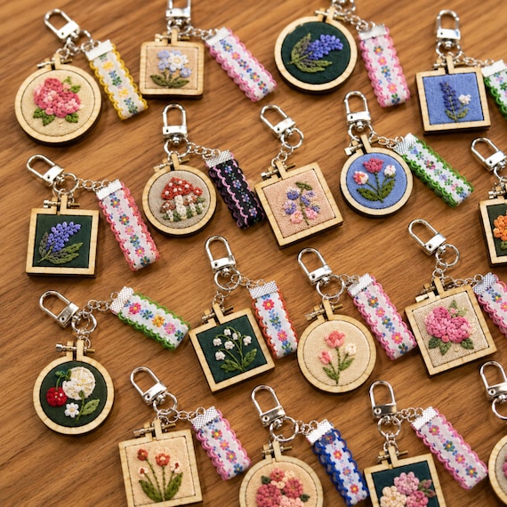 Hand Embroidered Floral Keychain, Mini Bag Charm, Wedding Favor, Bridesmaid Gift, Cottagecore Keepsake, Birthday Present