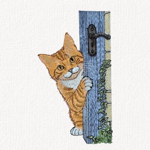 May include: An embroidered design featuring an orange tabby cat with white markings peeking from behind a blue wooden door frame. The door has a dark metal handle and is adorned with green climbing ivy leaves on the side of the frame.