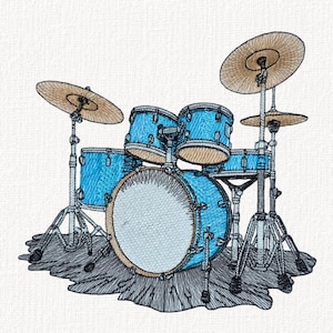 May include: An embroidered illustration of a blue drum kit featuring a large bass drum, two mounted toms, a floor tom, and two tan cymbals on metal stands. The entire drum set is positioned on a dark, textured, irregular-shaped rug base.
