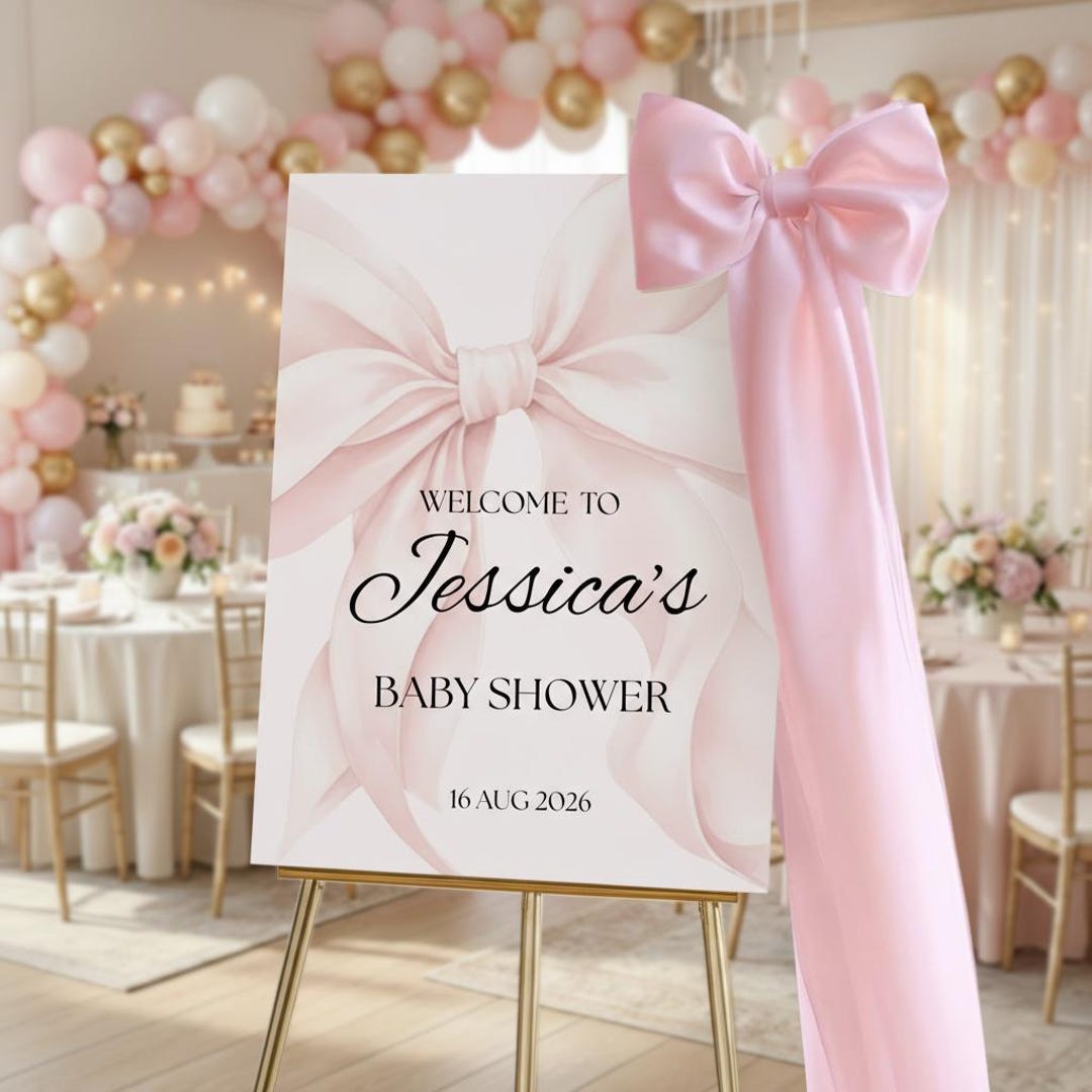 Welcome Rosa Pink Bow Baby Shower Welcome Sign Editable Canva Template Pink Coquette ...