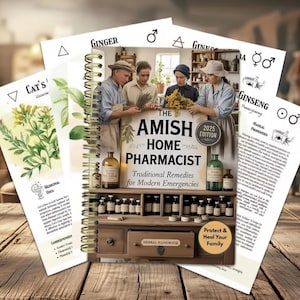 Puede incluir: Un libro encuadernado en espiral titulado "The Amish Home Pharmacist" con el subtítulo "Remedios tradicionales para emergencias modernas". La portada presenta un grupo de personas y botellas. Páginas adicionales muestran ilustraciones botánicas y texto. El libro está sobre una superficie de madera.