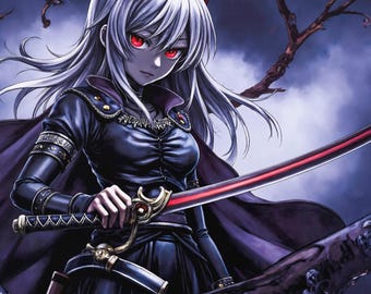 Demon Anime Art - Mädchen mit Katana - Gothic Fantasy Wanddekoration - gerahmter Druck