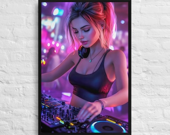 Neon DJ Girl gerahmte Leinwanddruck, EDM Musik-Raumdekor