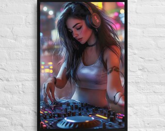 Neon DJ Girl Leinwanddruck, Nachtclubmusik, Gamerzimmerdekor