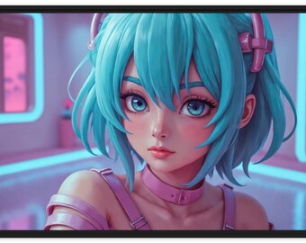Futuristische Neon Cyberpunk Mädchen Leinwand mit hochwertigem Rahmen für ein modernes Dekor