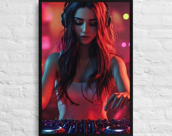 Neon DJ Girl gerahmte Leinwanddruck, Cyberpunk Musik-Raumdekor